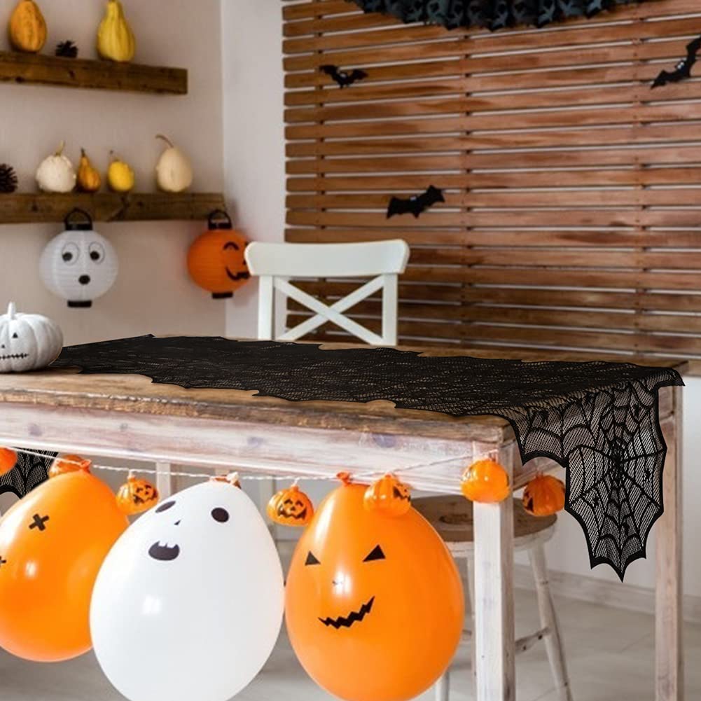 Halloween Table Runner, Black Lace Spider Web Table Runners for Halloween Decor
