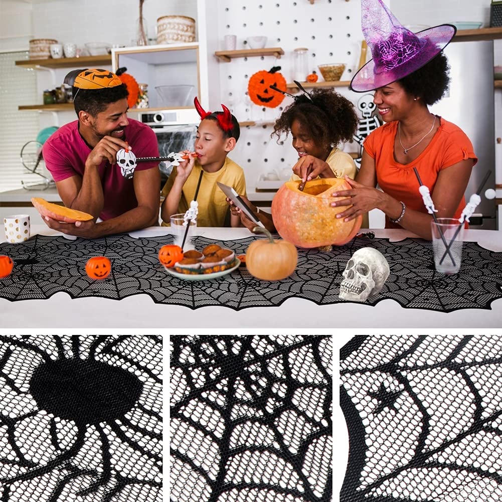 Halloween Table Runner, Black Lace Spider Web Table Runners for Halloween Decor
