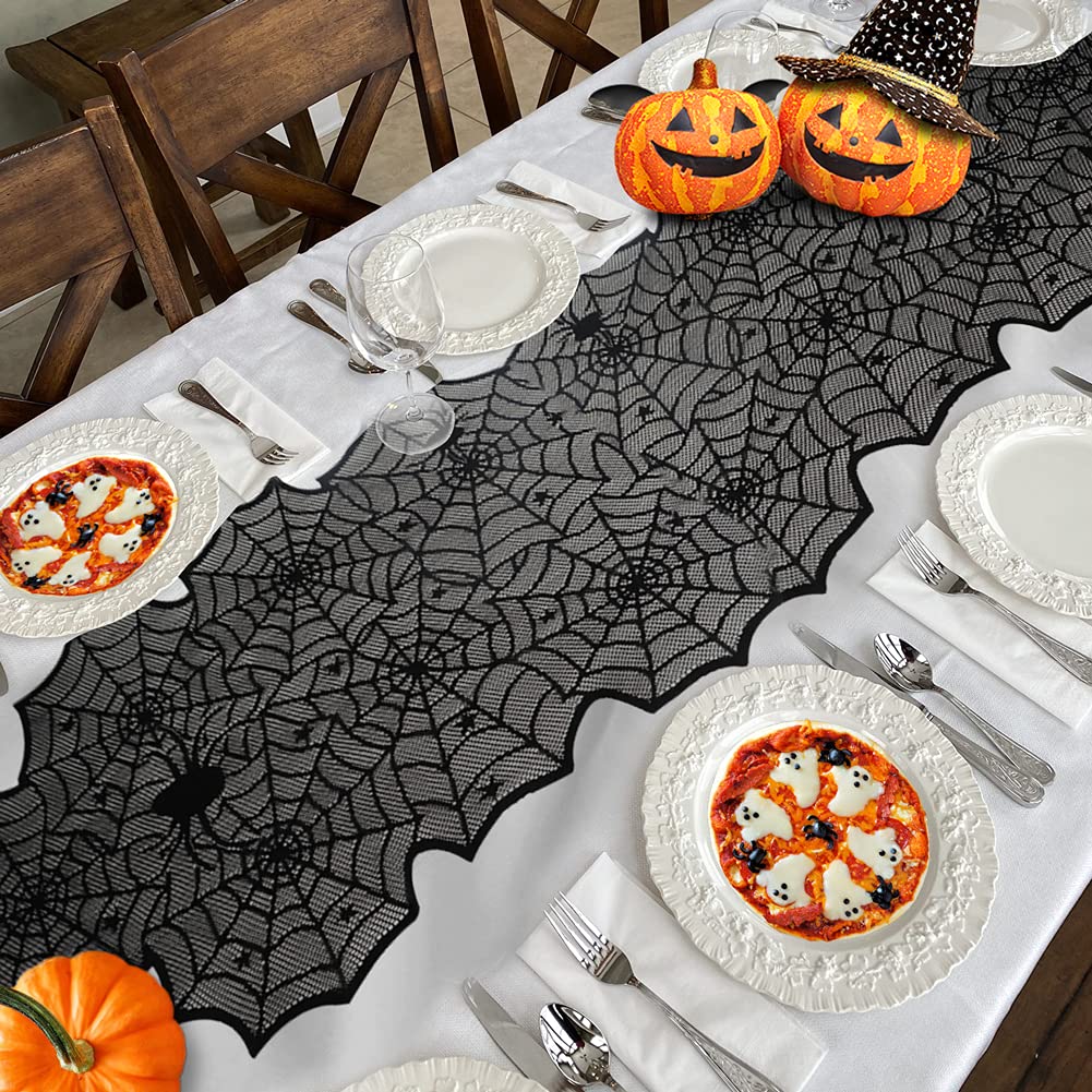 Halloween Table Runner, Black Lace Spider Web Table Runners for Halloween Decor