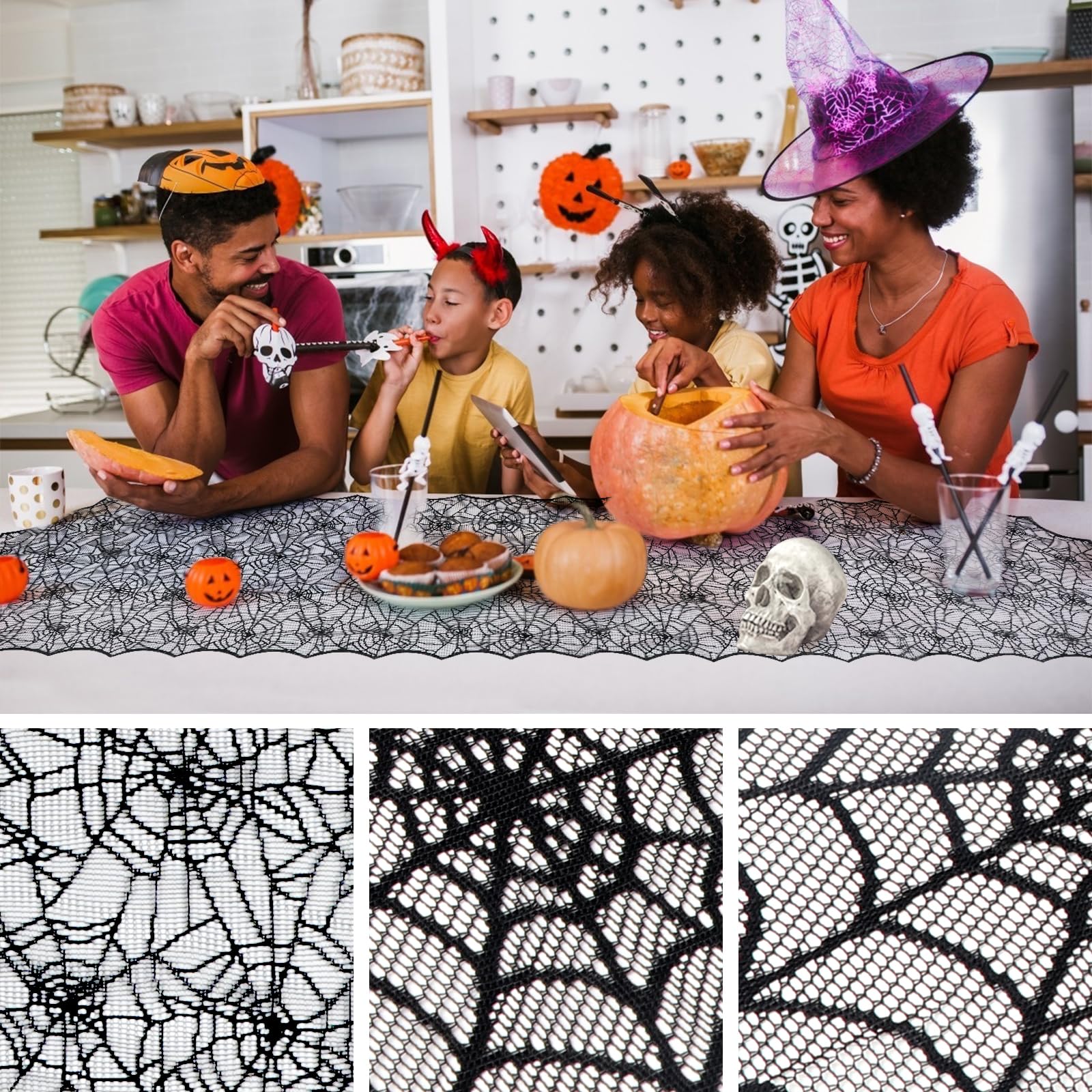 Halloween Table Runner, Black Lace Spider Web Table Runners for Halloween Decor
