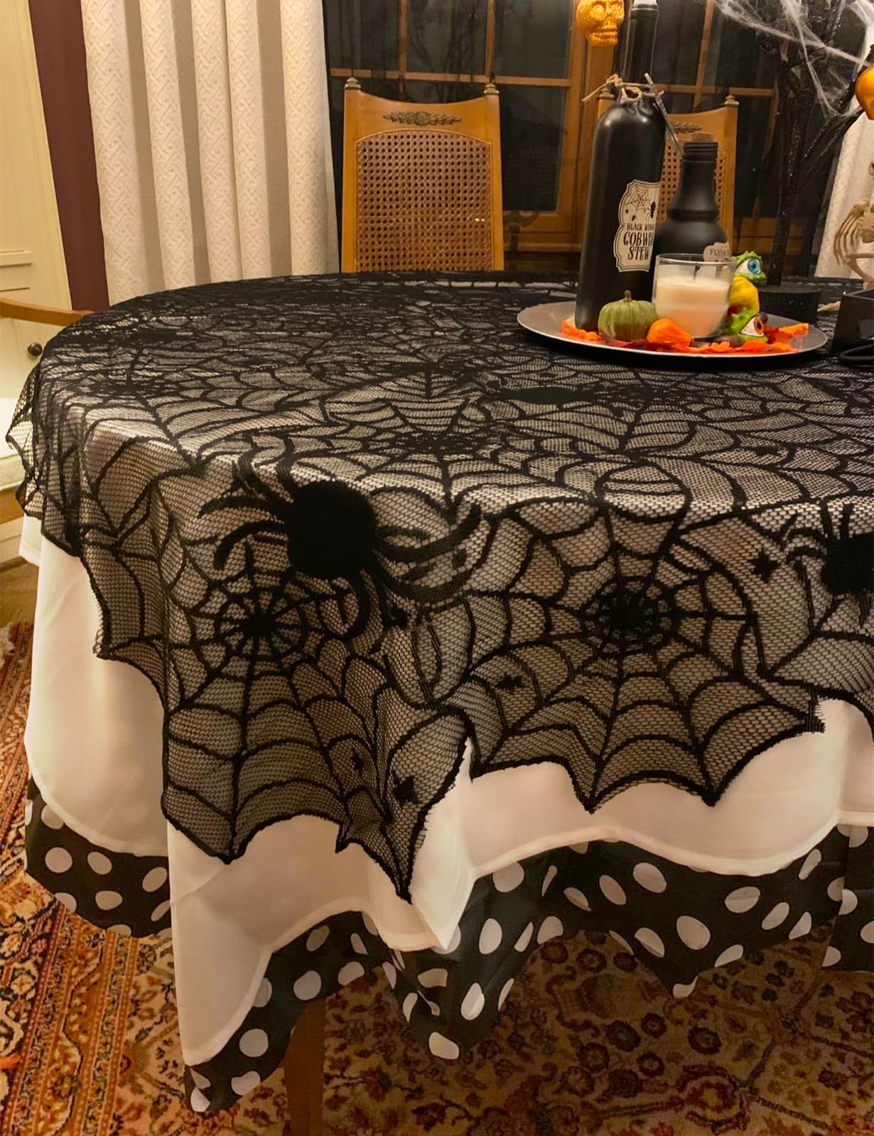 Halloween Table Runner, Black Lace Spider Web Table Runners for Halloween Decor