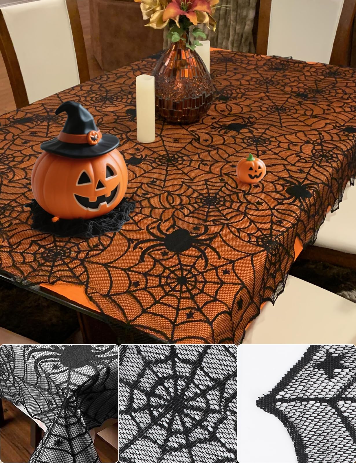 Halloween Table Runner, Black Lace Spider Web Table Runners for Halloween Decor