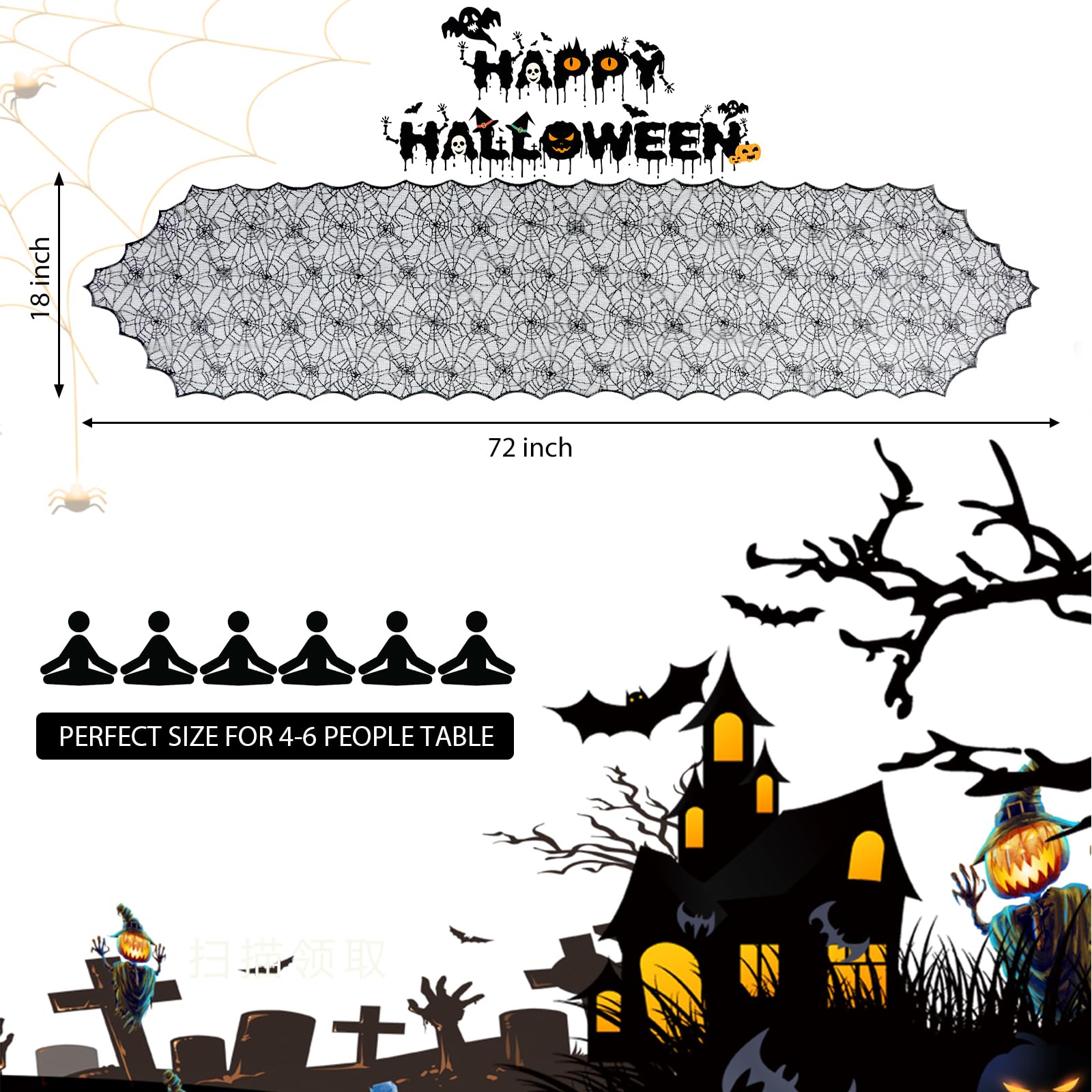 Halloween Table Runner, Black Lace Spider Web Table Runners for Halloween Decor