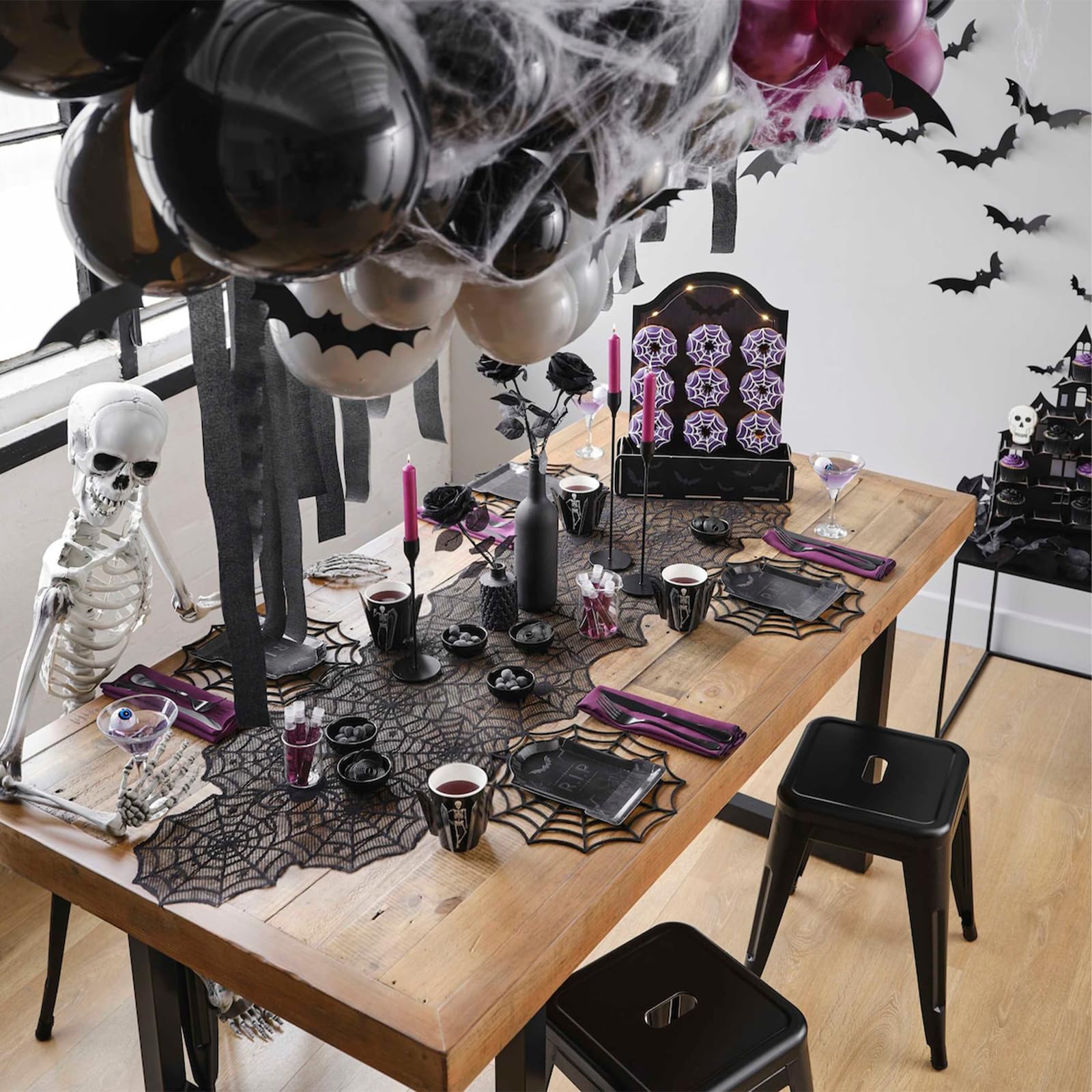 Halloween Table Runner, Black Lace Spider Web Table Runners for Halloween Decor