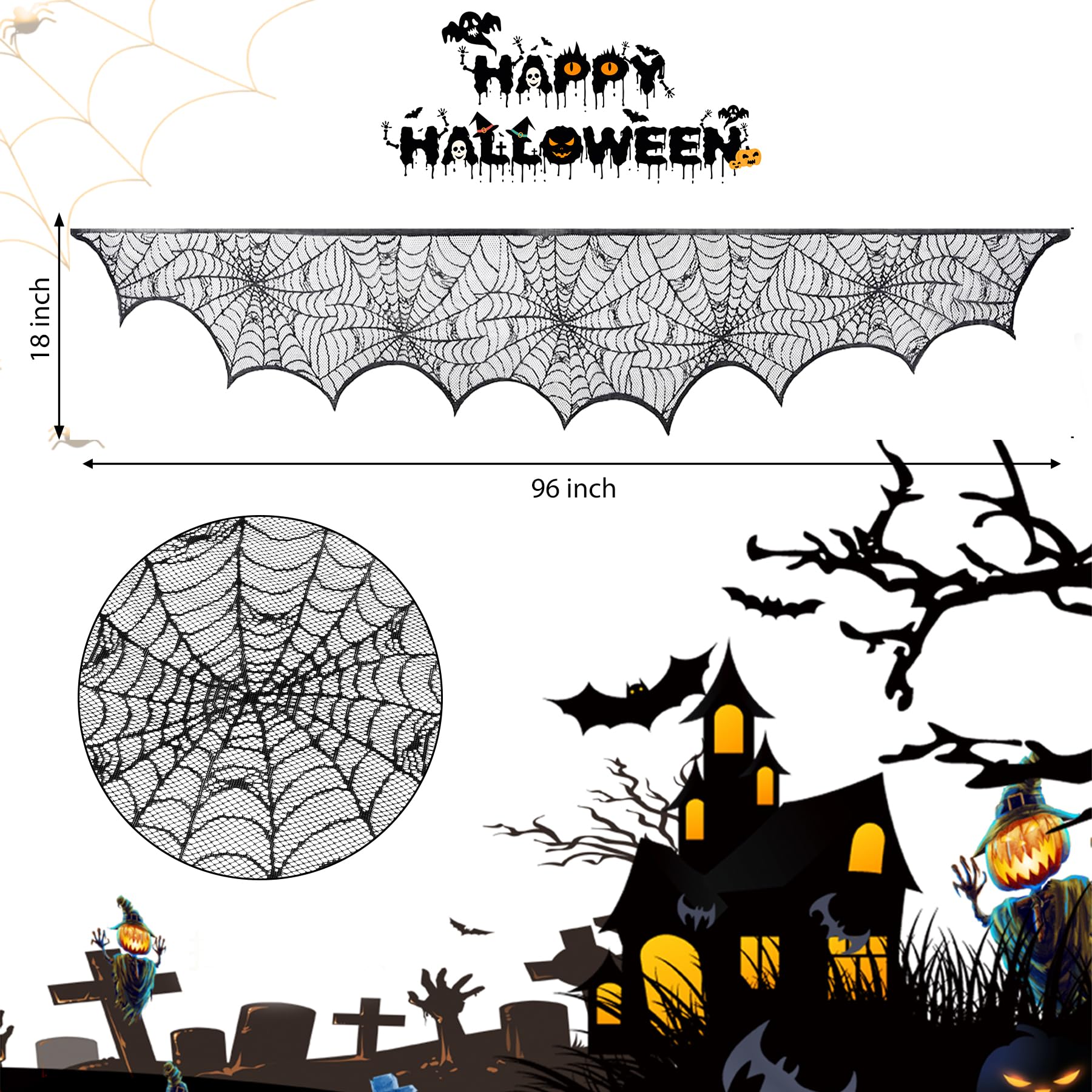 Halloween Table Runner, Black Lace Spider Web Table Runners for Halloween Decor