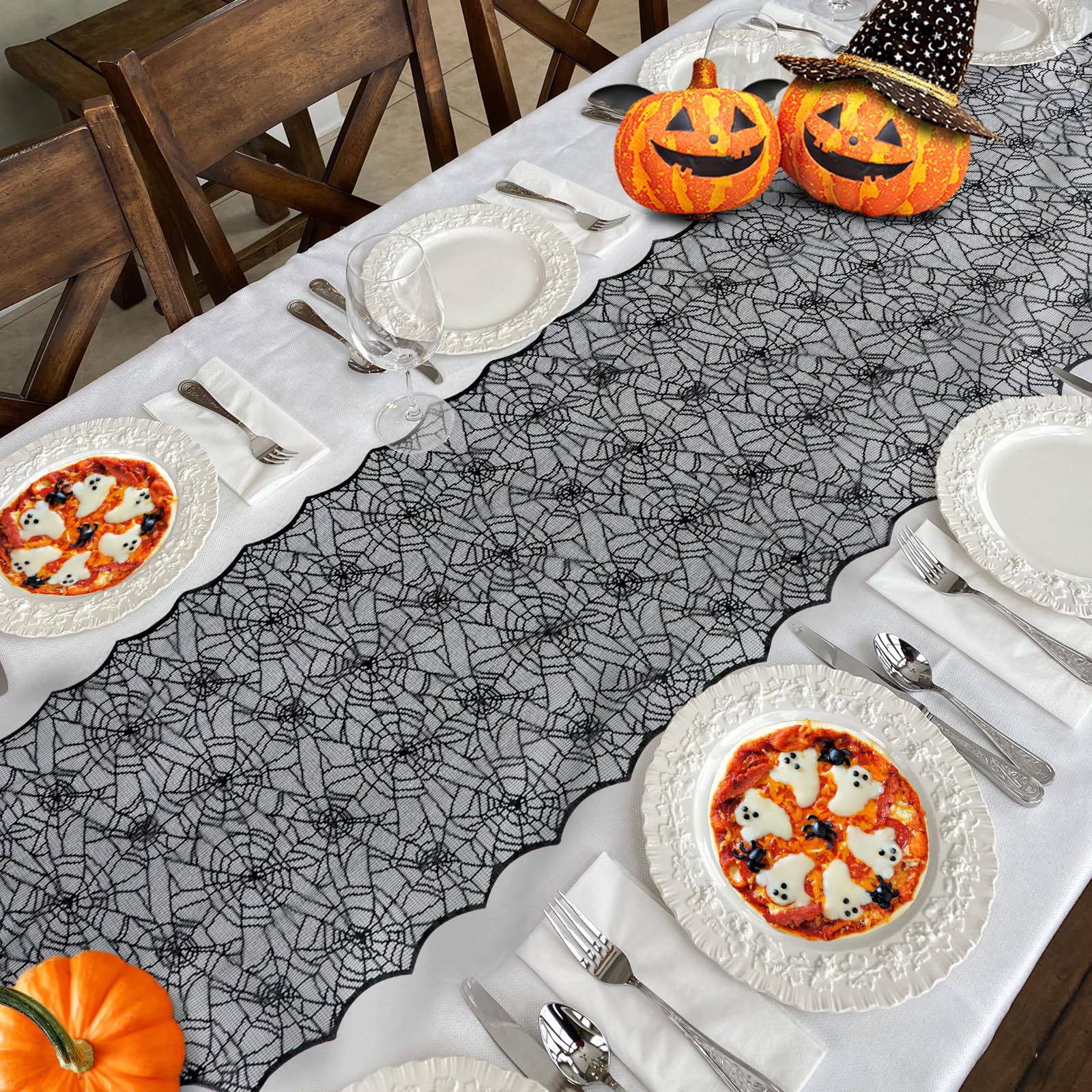 Halloween Table Runner, Black Lace Spider Web Table Runners for Halloween Decor
