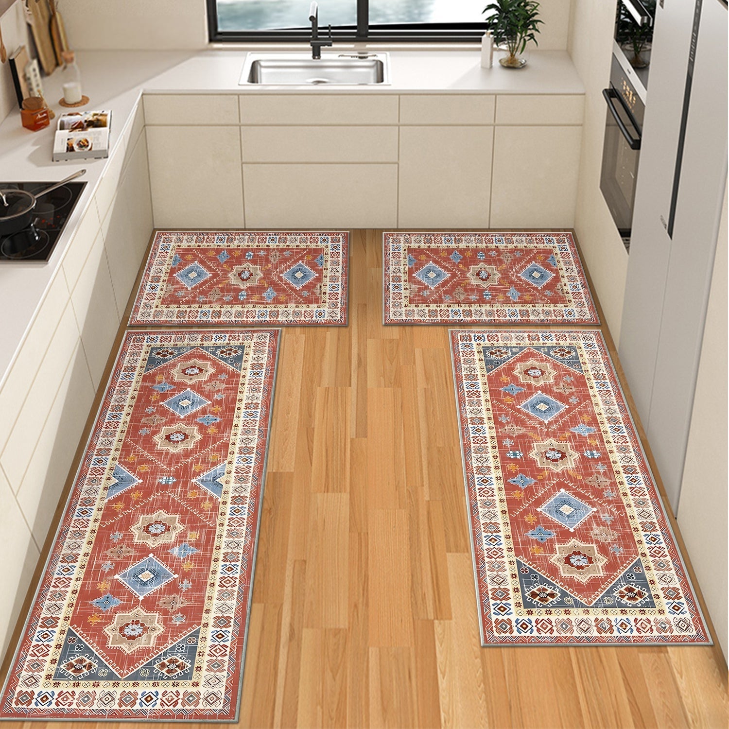 Boho Floral 4-Piece Kitchen Rug Set – Soft & Durable