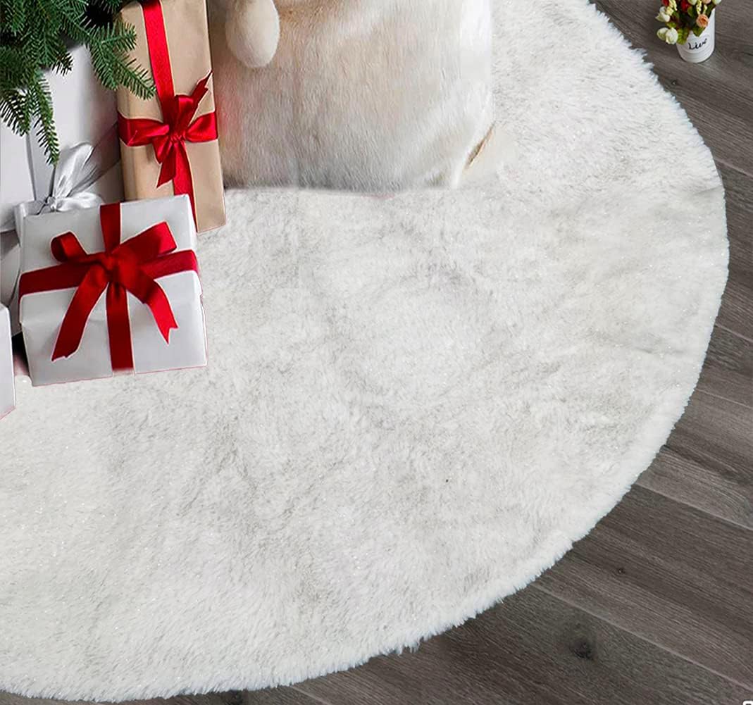 AOGU 48” White Faux Fur Christmas Tree Skirt – Holiday Decor