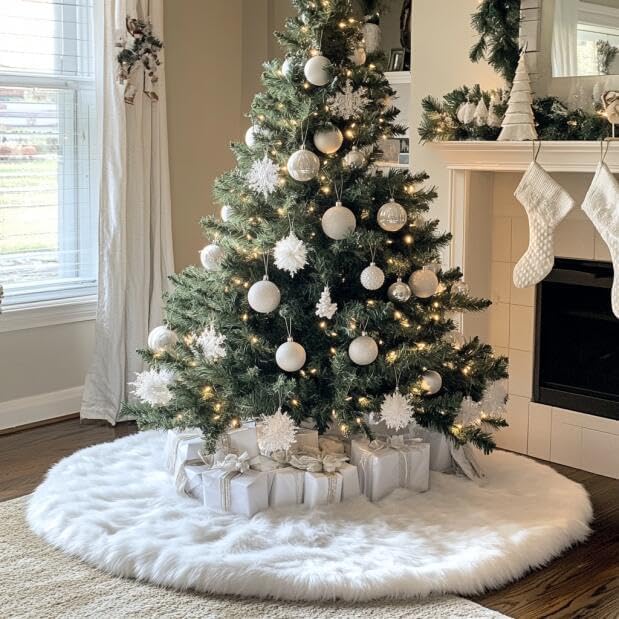 AOGU 48” White Faux Fur Christmas Tree Skirt – Holiday Decor