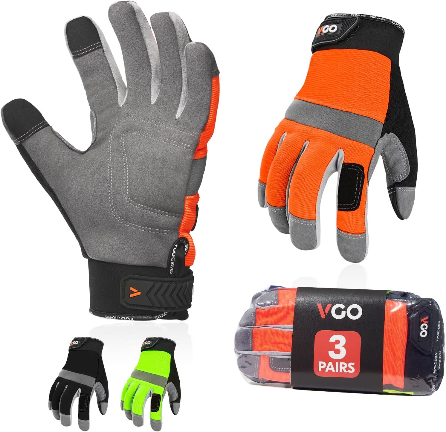Vgo 3Pairs Safety Work Gloves,Builder Gloves,Gardening Gloves,Light Duty Mechanic Gloves(XL,Black+Fluorescence Green+Orange,SL7584)