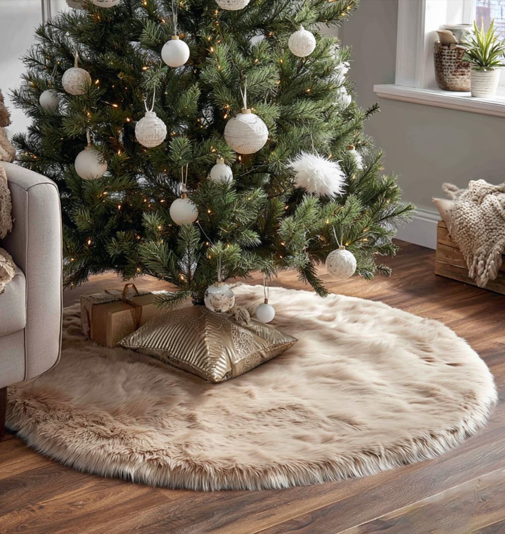 AOGU 48” White Faux Fur Christmas Tree Skirt – Holiday Decor