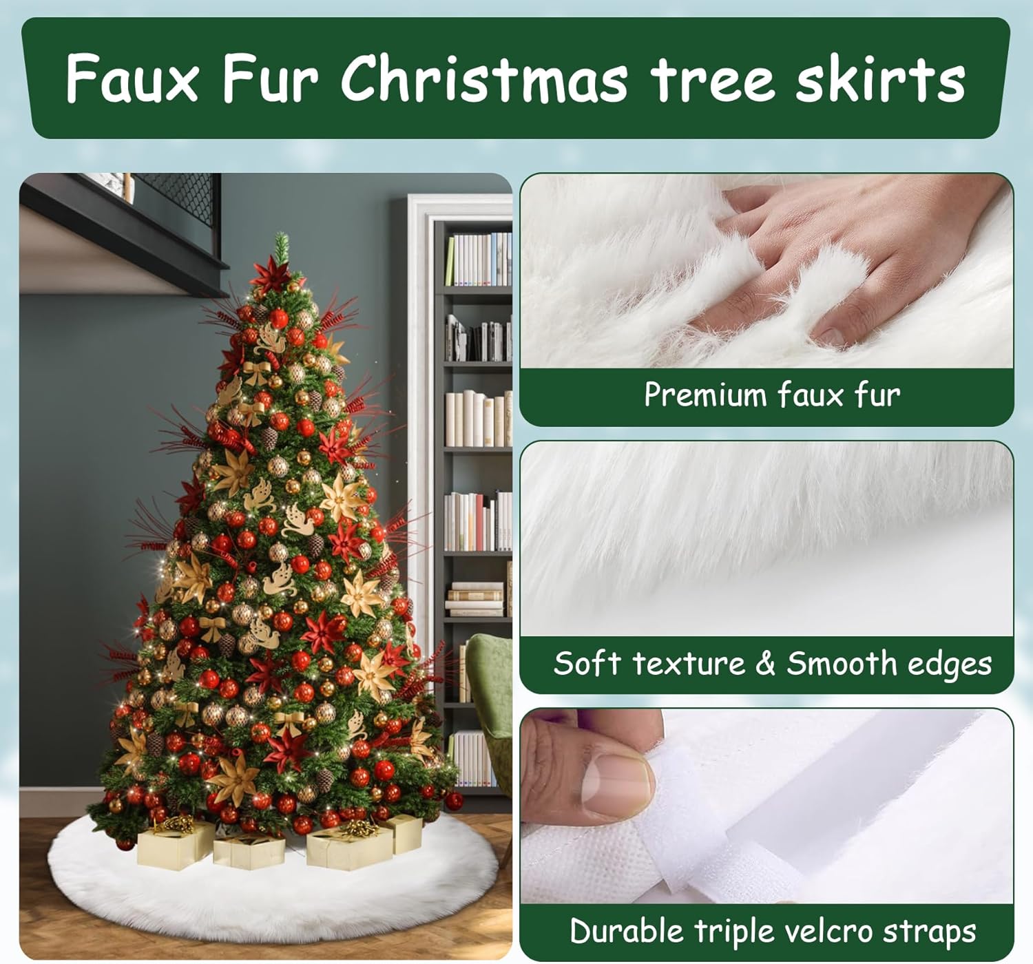 AOGU 48” White Faux Fur Christmas Tree Skirt – Holiday Decor