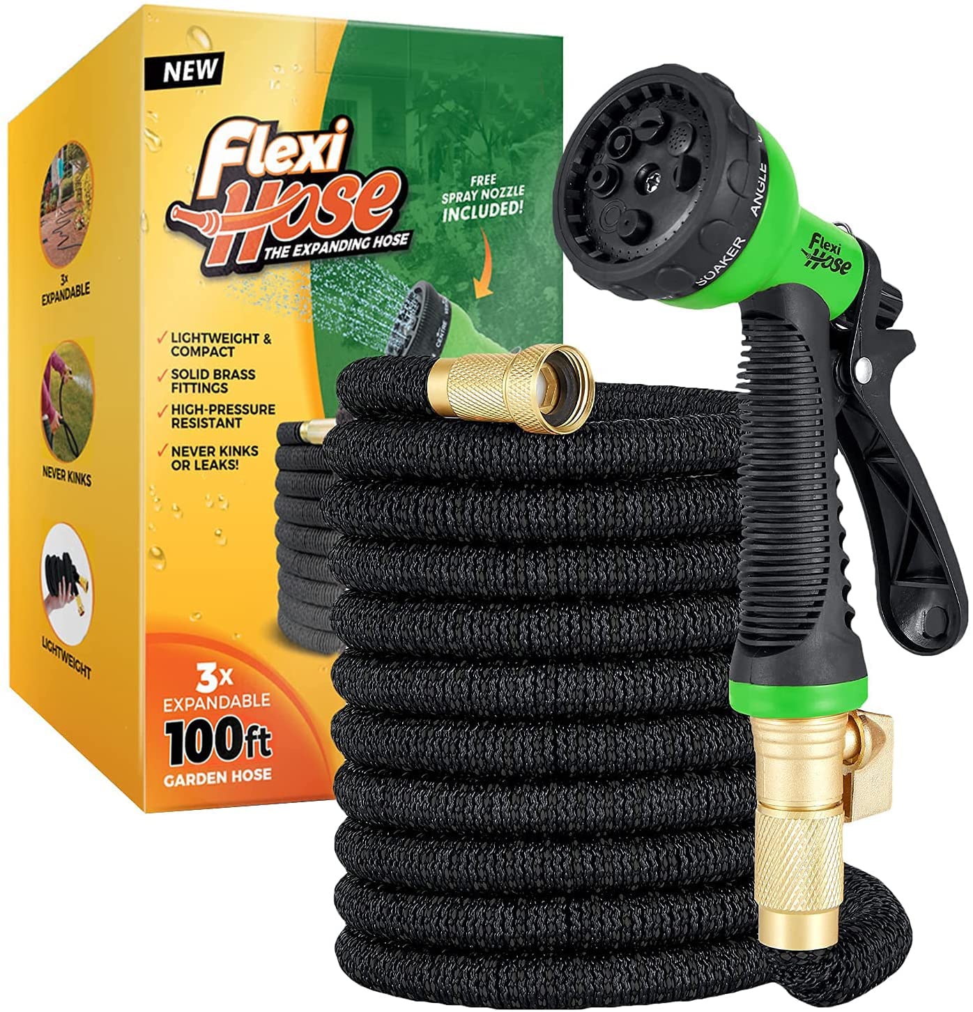 Flexi Hose with 8 Function Nozzle Expandable Garden Hose, Lightweight & No-Kink Flexible Garden Hose, 3/4 inch Solid Brass Fittings and Double Latex Core, 50 ft Black