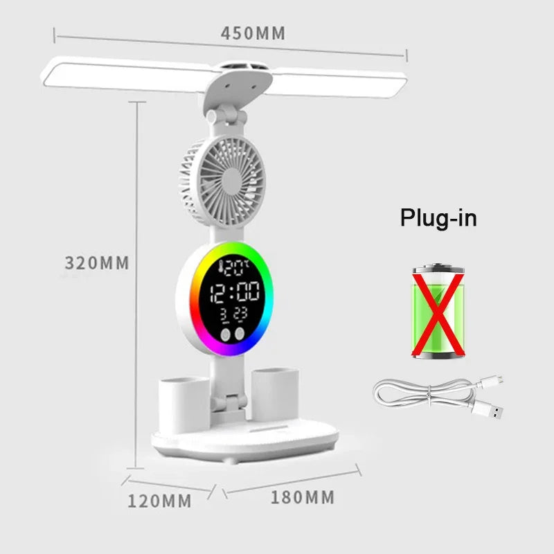 LED Table Lamp Fan Clock Display Night Light Brightness