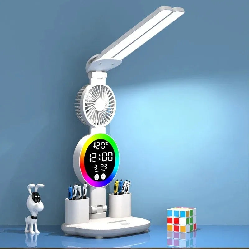 LED Table Lamp Fan Clock Display Night Light Brightness