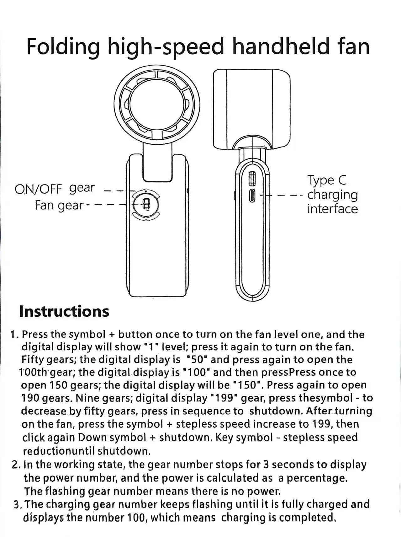 Portable Turbo Handheld Fan USB Rechargeable LED Display