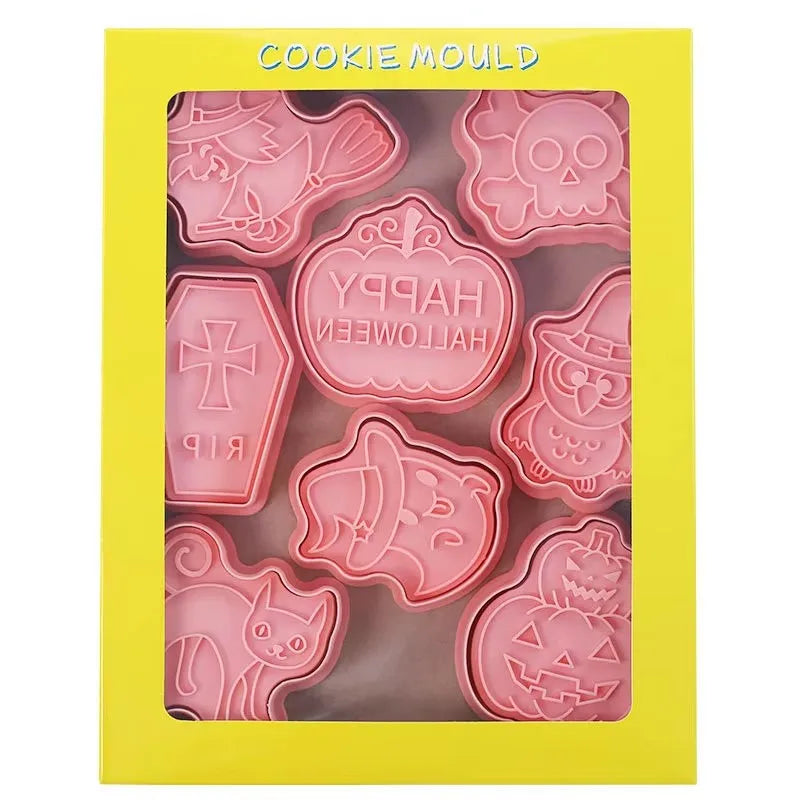 Halloween Cookies Cutters Cartoon Pumpkin Pressable Biscuit Mold Plastic Confectionery Fondant Cookie Stamp Baking Pastry Tools