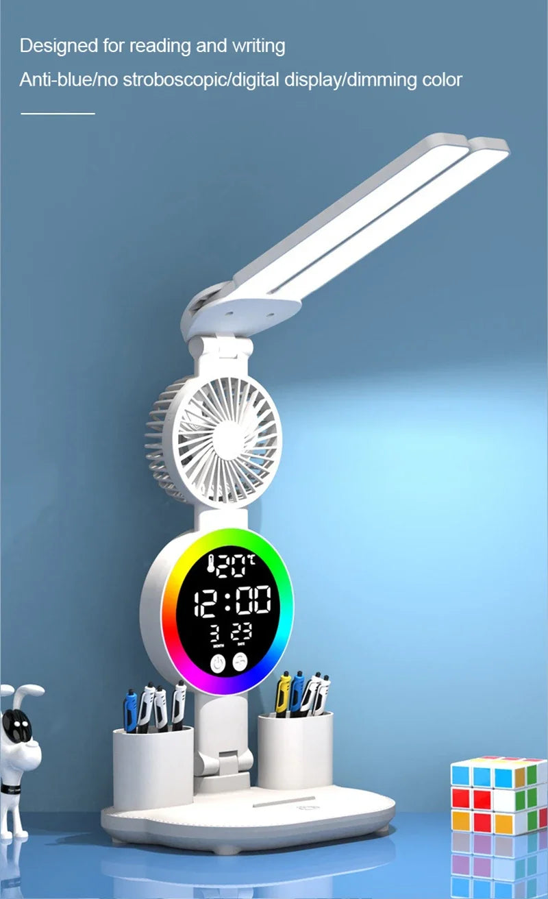 LED Table Lamp Fan Clock Display Night Light Brightness