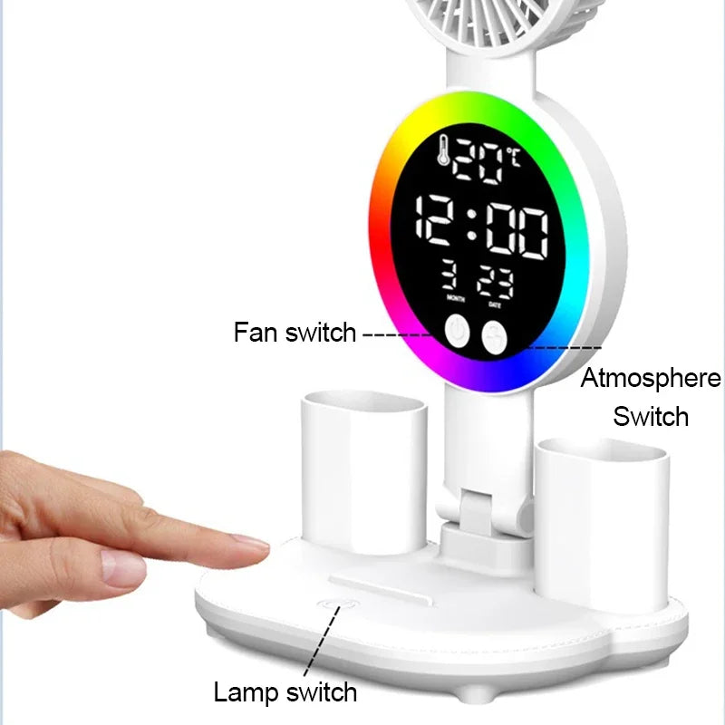 LED Table Lamp Fan Clock Display Night Light Brightness