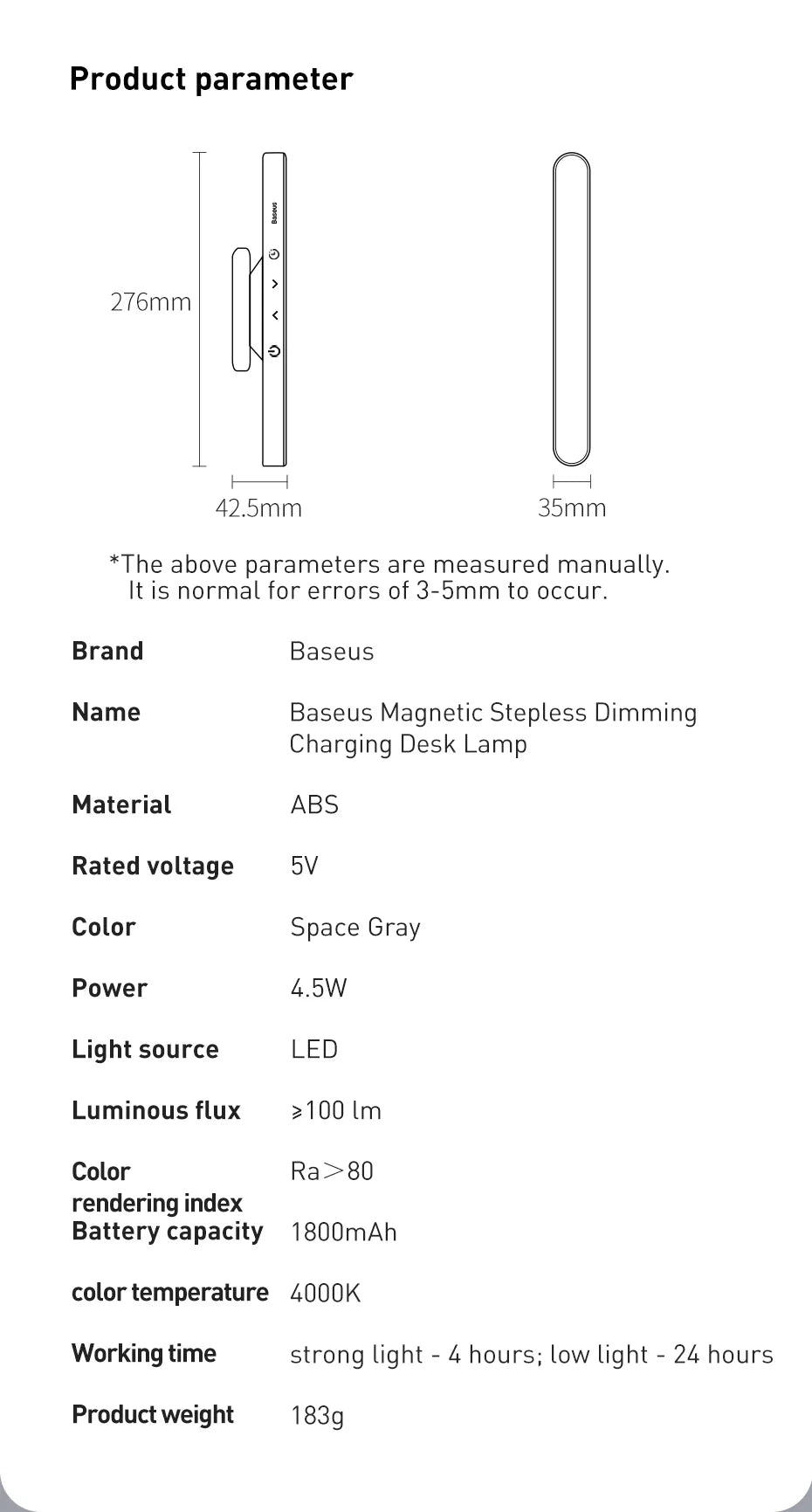 Baseus Magnetic Desk Lamp Rechargeable LED Dimming Light