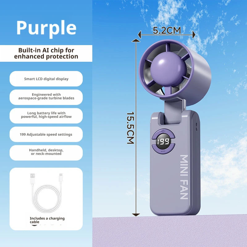Portable Turbo Handheld Fan USB Rechargeable LED Display