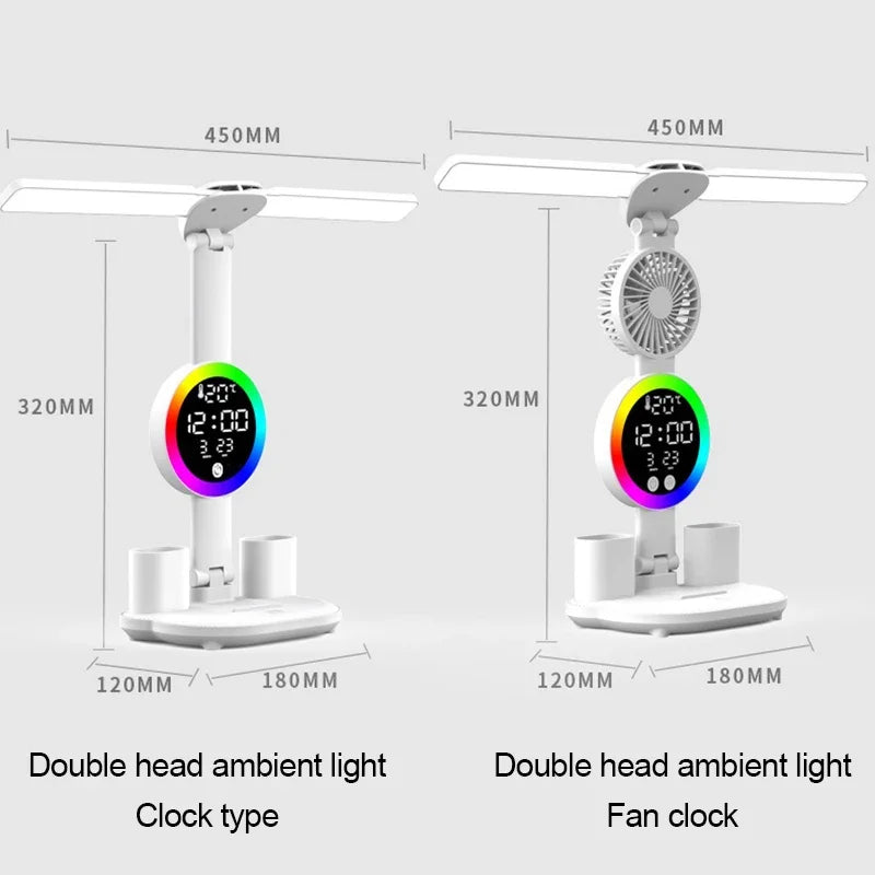 LED Table Lamp Fan Clock Display Night Light Brightness