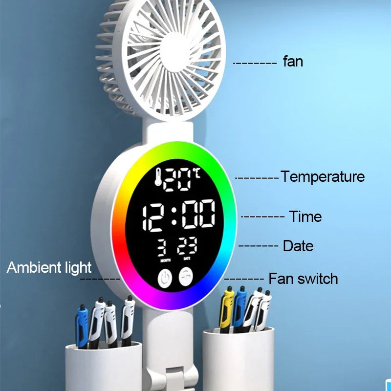 LED Table Lamp Fan Clock Display Night Light Brightness