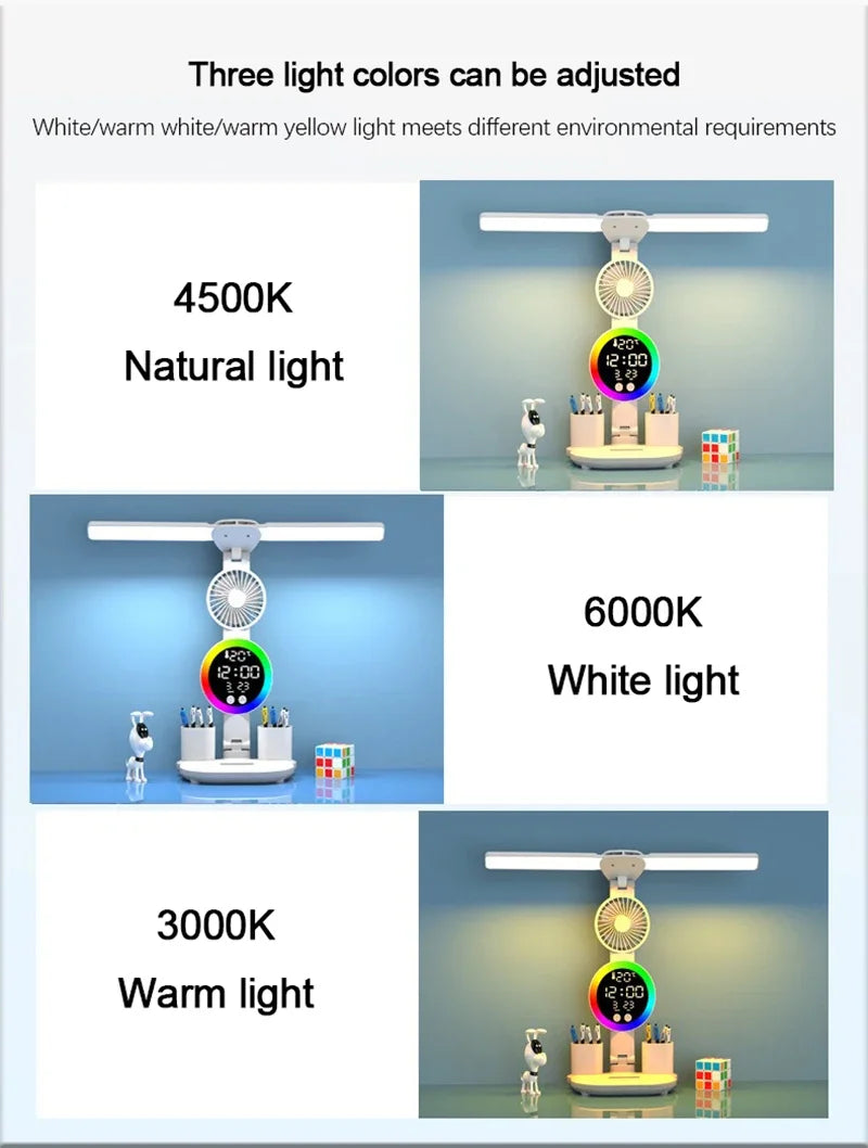 LED Table Lamp Fan Clock Display Night Light Brightness