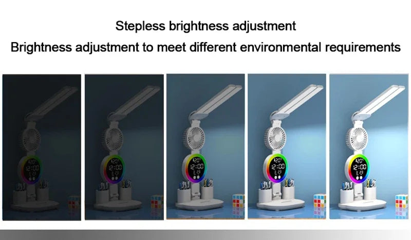LED Table Lamp Fan Clock Display Night Light Brightness
