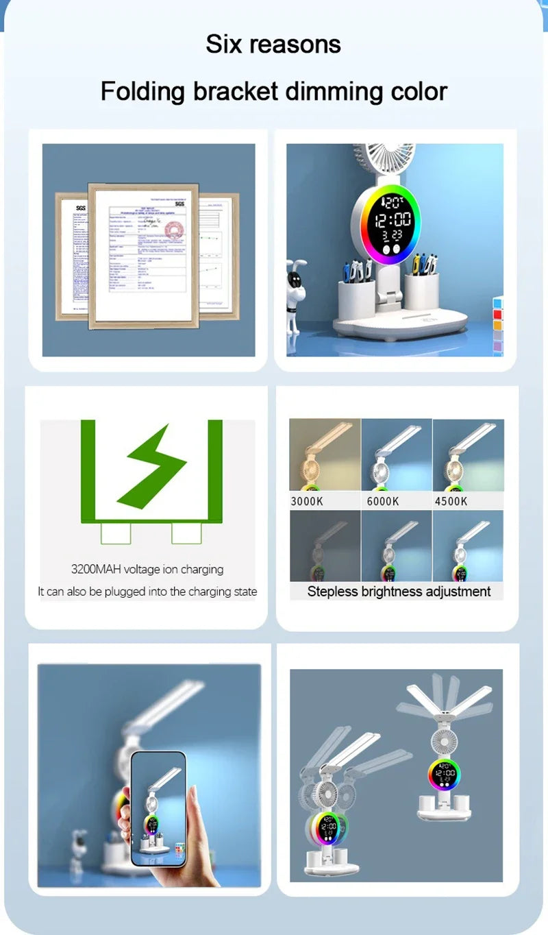 LED Table Lamp Fan Clock Display Night Light Brightness