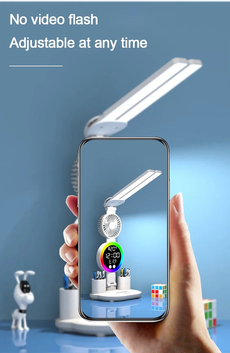 LED Table Lamp Fan Clock Display Night Light Brightness