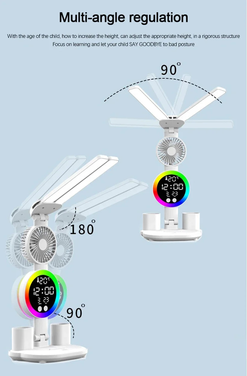 LED Table Lamp Fan Clock Display Night Light Brightness