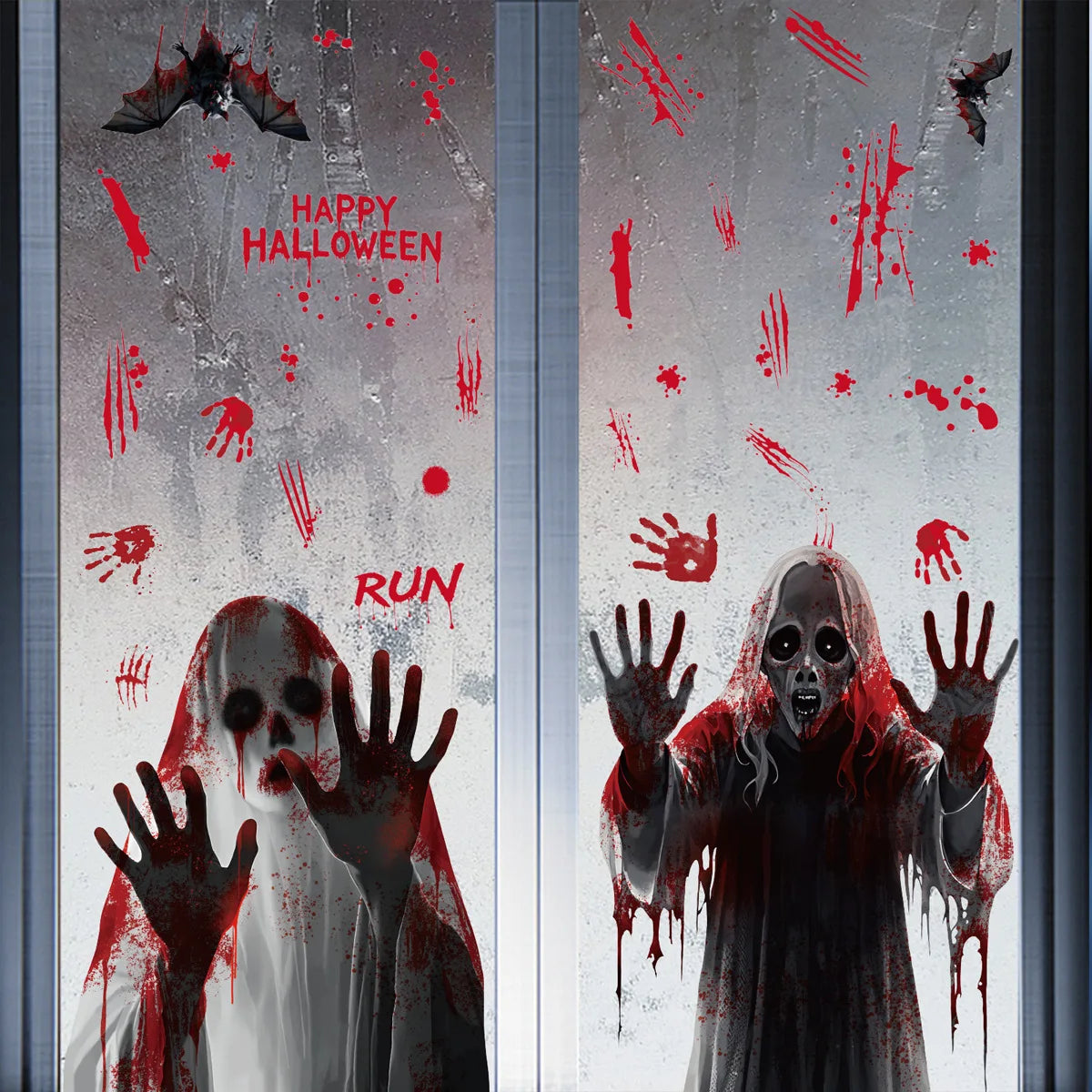 Halloween Static Cling Stickers Scary Ghost Woman Bloody Handprint Window Decals Spooky Party Home Decor Horror Decorations