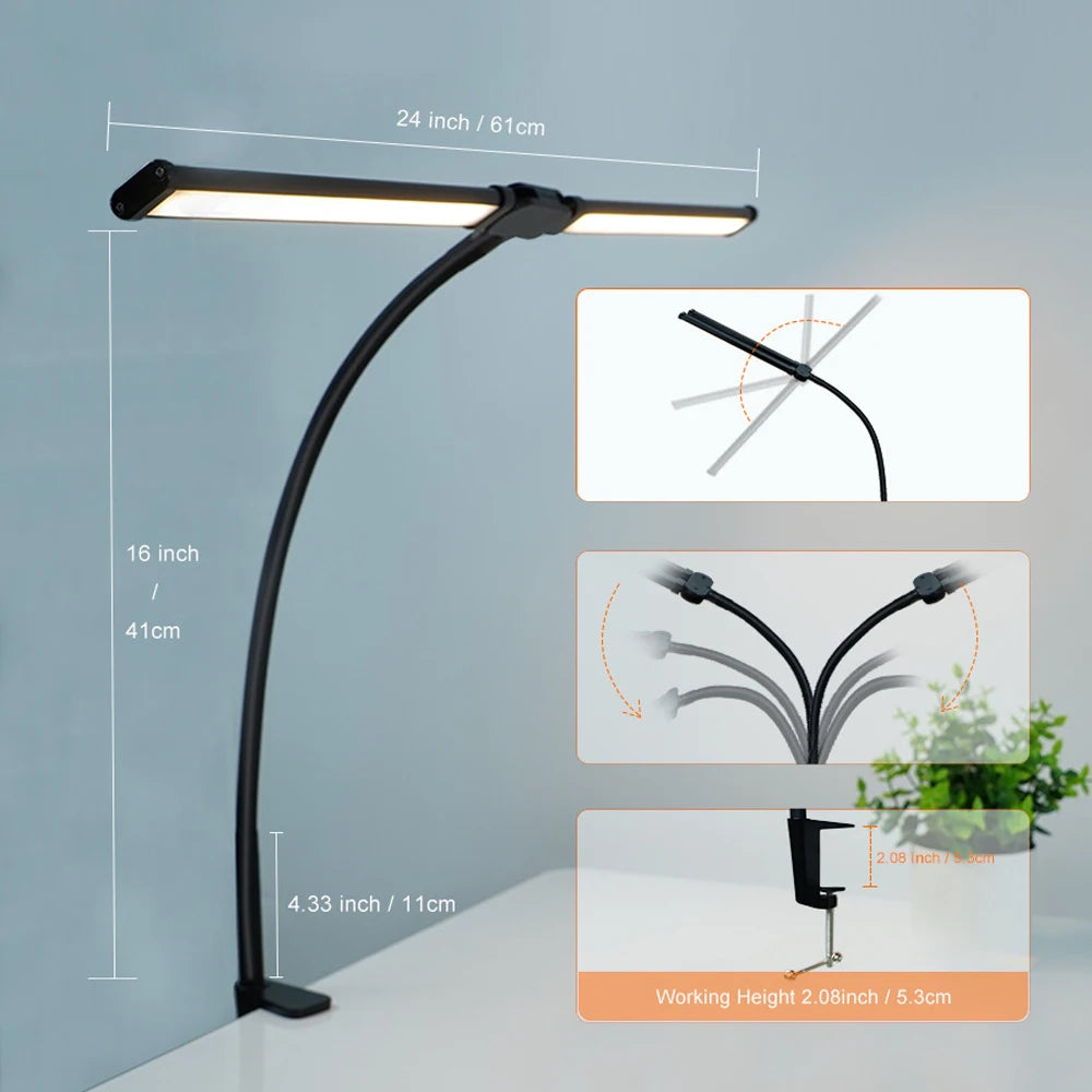 Home Office LED Desk Lamp Double Head Dimming 3 Color Mode