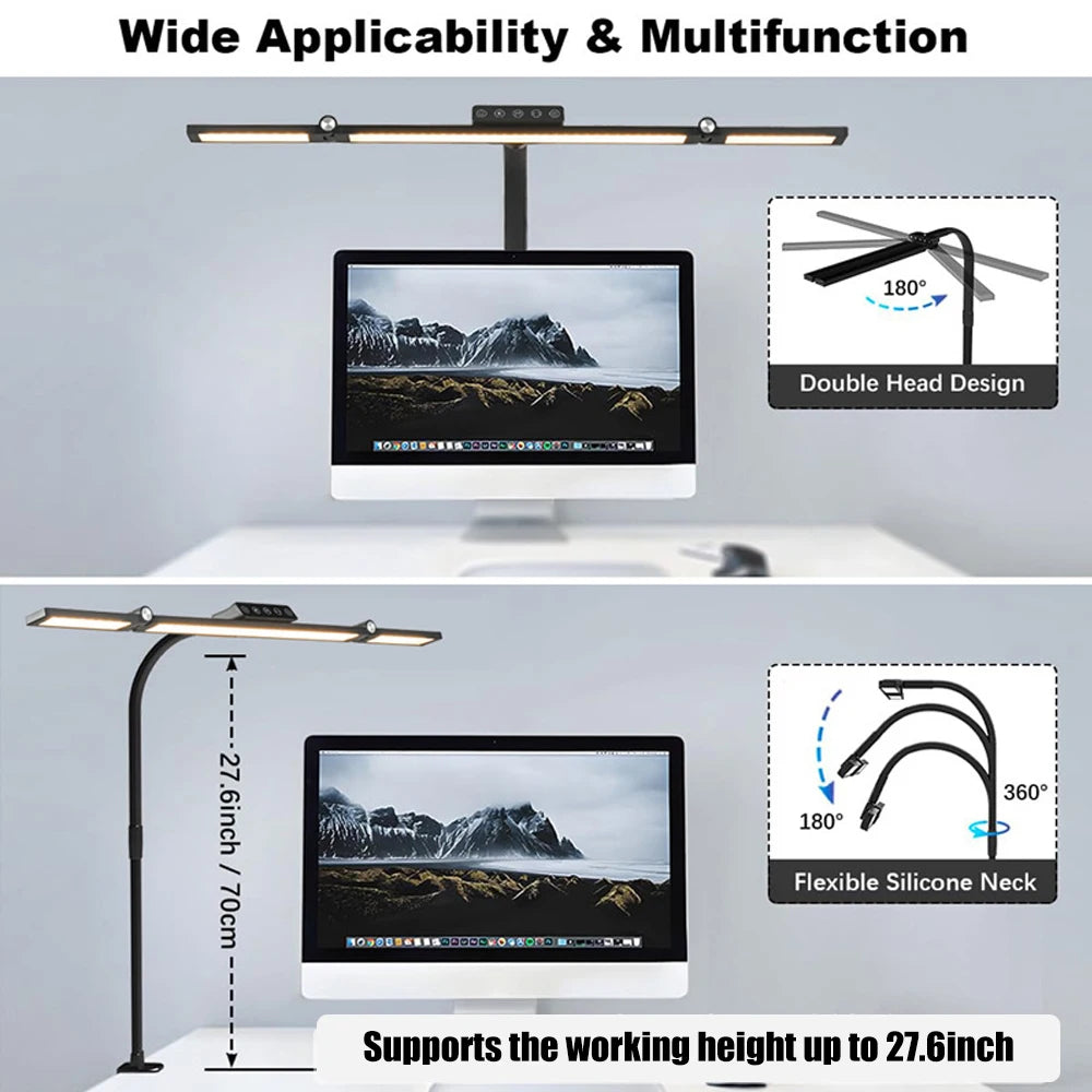 Home Office LED Desk Lamp Double Head Dimming 3 Color Mode