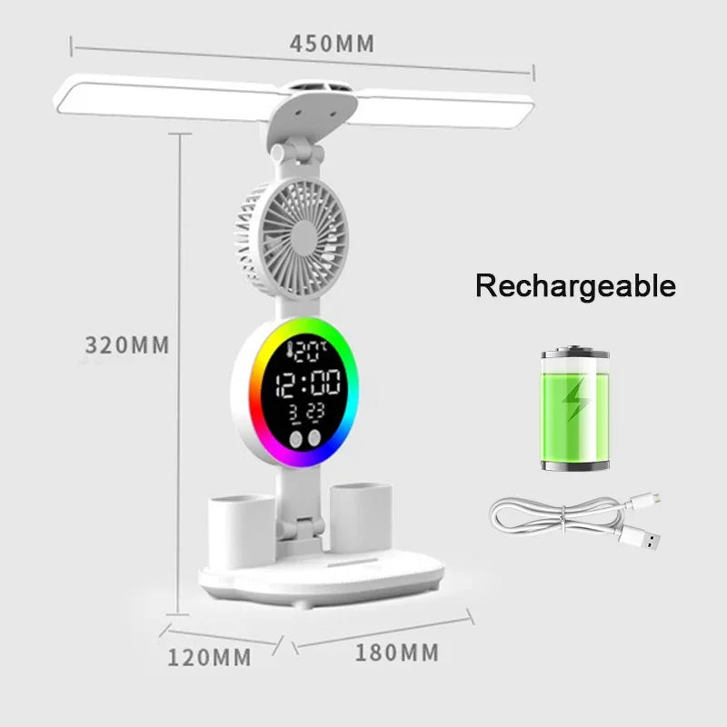 LED Table Lamp Fan Clock Display Night Light Brightness
