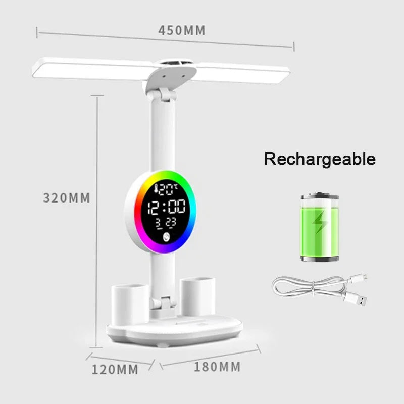 LED Table Lamp Fan Clock Display Night Light Brightness