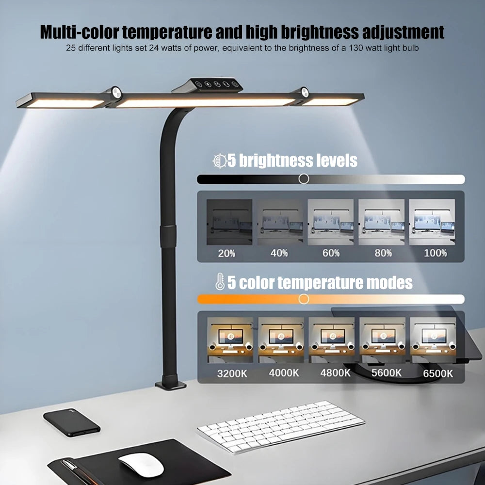 Home Office LED Desk Lamp Double Head Dimming 3 Color Mode