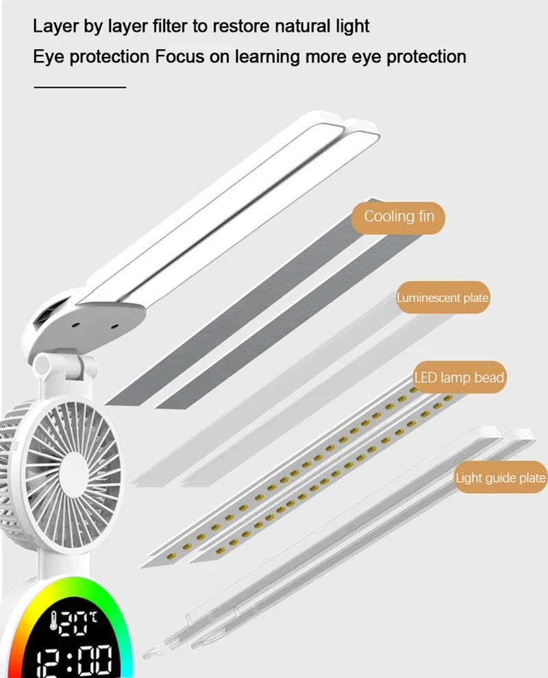 LED Table Lamp Fan Clock Display Night Light Brightness