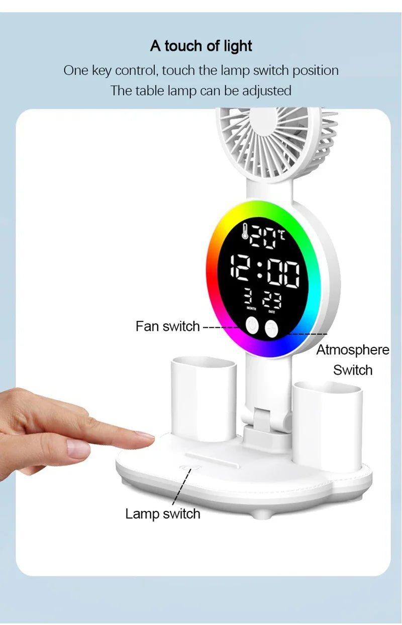 LED Table Lamp Fan Clock Display Night Light Brightness