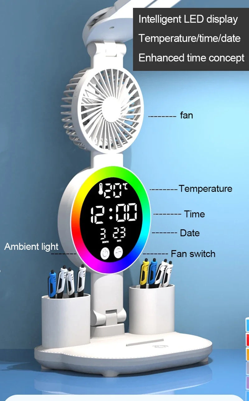LED Table Lamp Fan Clock Display Night Light Brightness