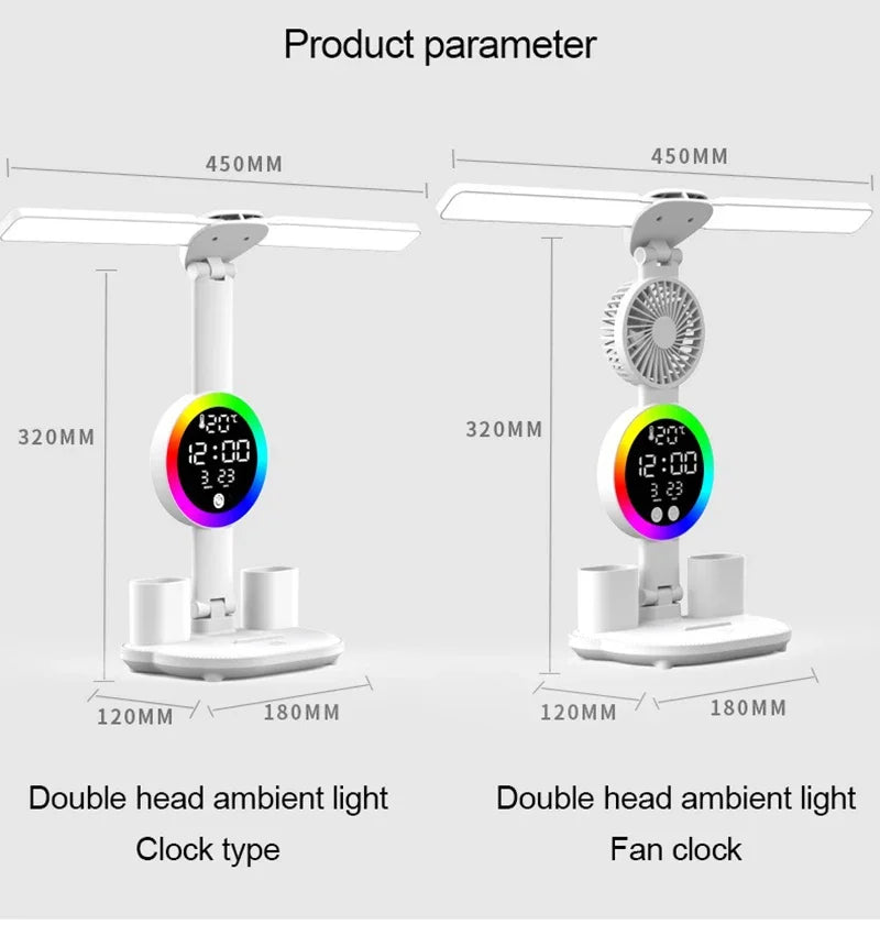 LED Table Lamp Fan Clock Display Night Light Brightness